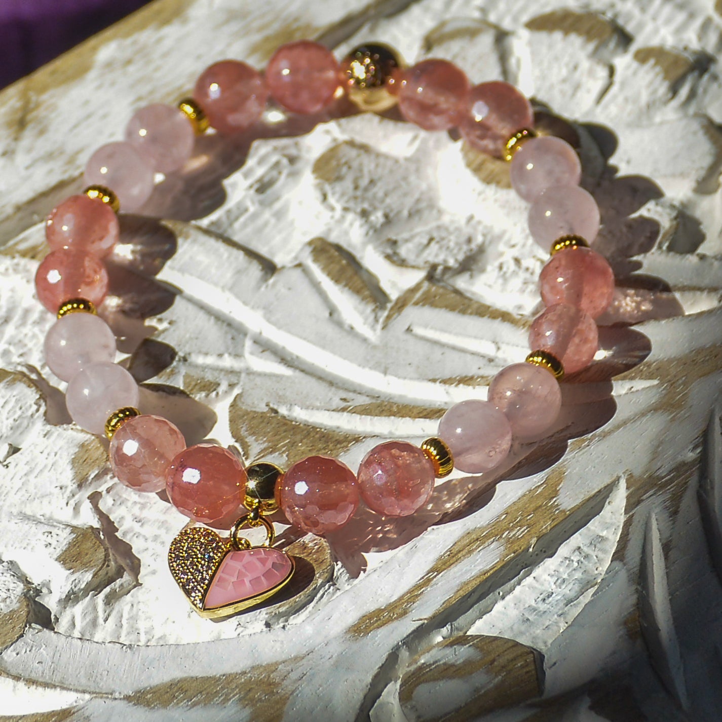 Self Love Rose Quartz & Strawberry Quartz Charm Bracelet