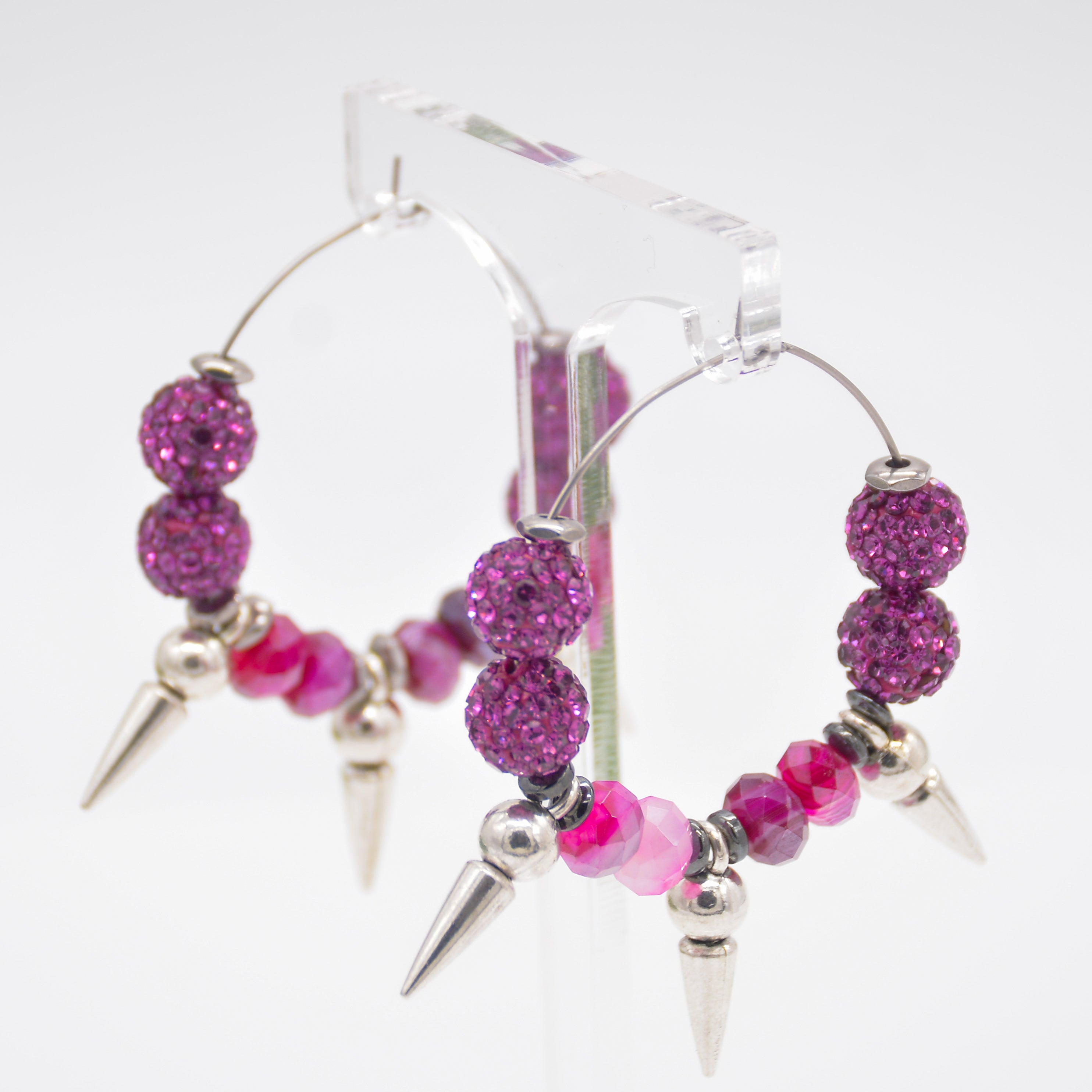 Phoenix's Radiance Pink Agate Earrings with Fuchsia Shamballa & Silver Spikes