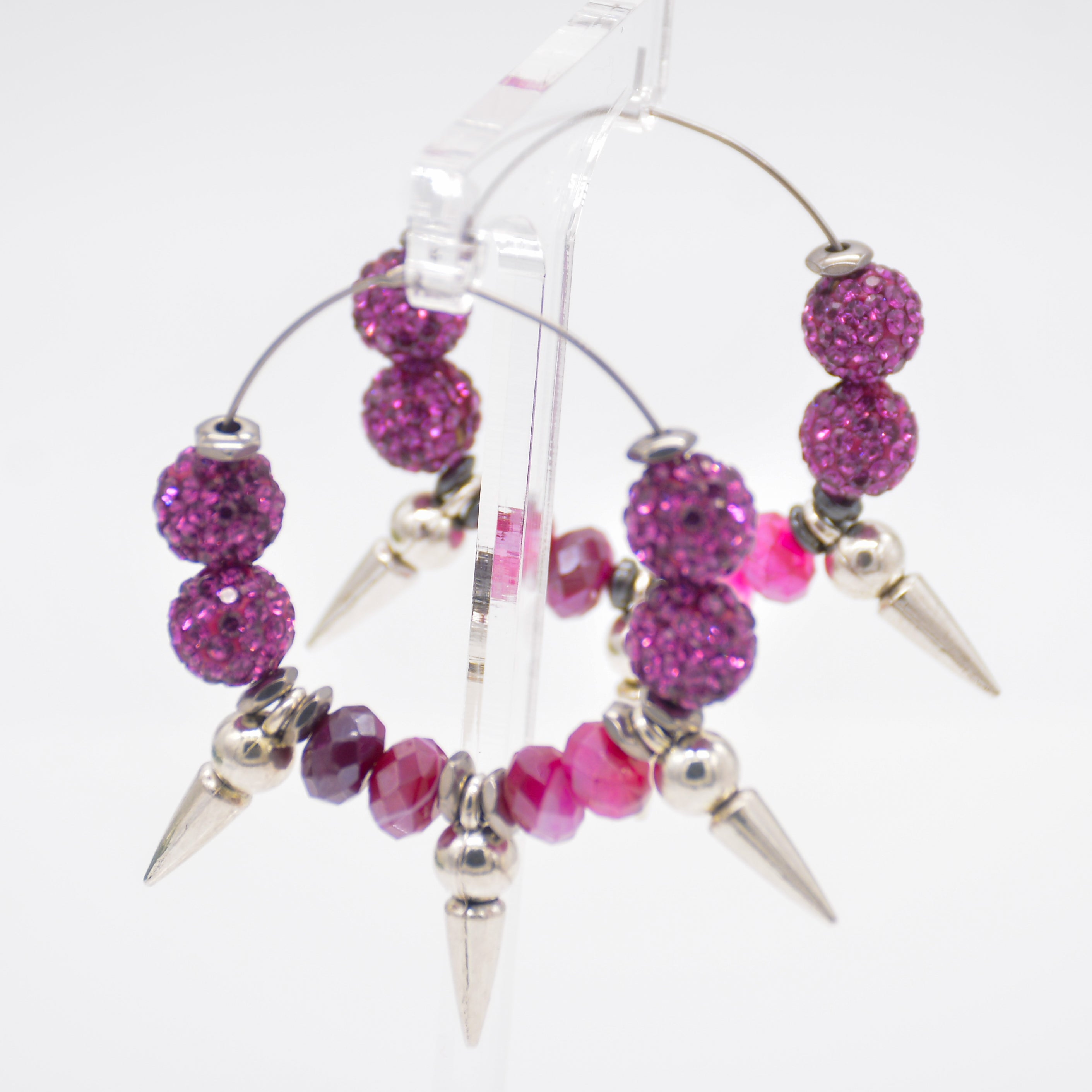 Phoenix's Radiance Pink Agate Earrings with Fuchsia Shamballa & Silver Spikes