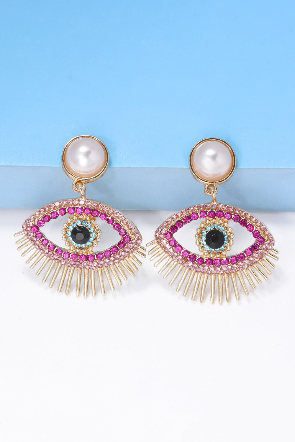 Visionary Allure Pink Rhinestone Evil Eye Dangle Earrings