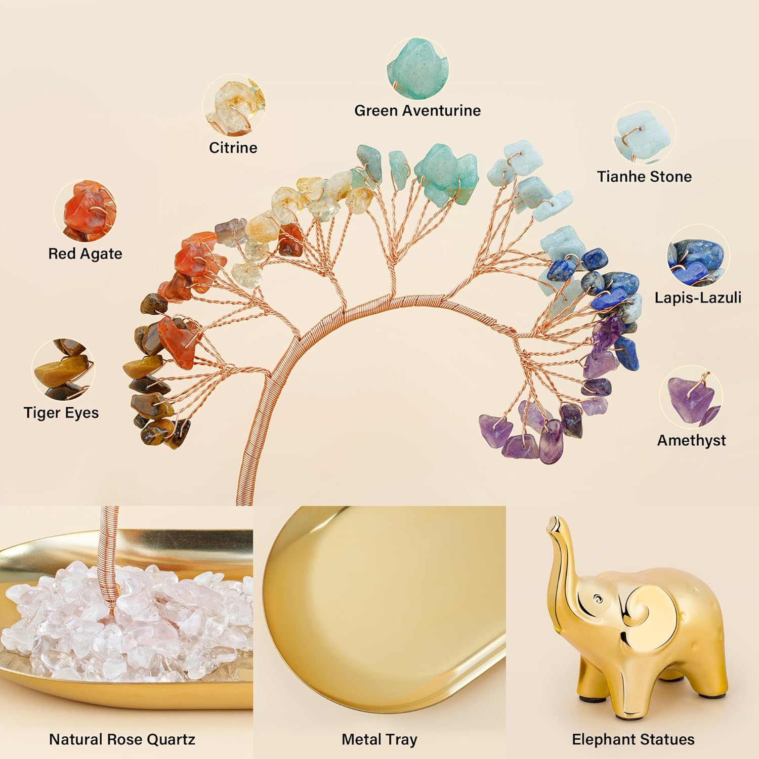 Never Forget How Strong You Are 7 Chakra Healing Crystal Tree Ceramic Gold Elephant Decor