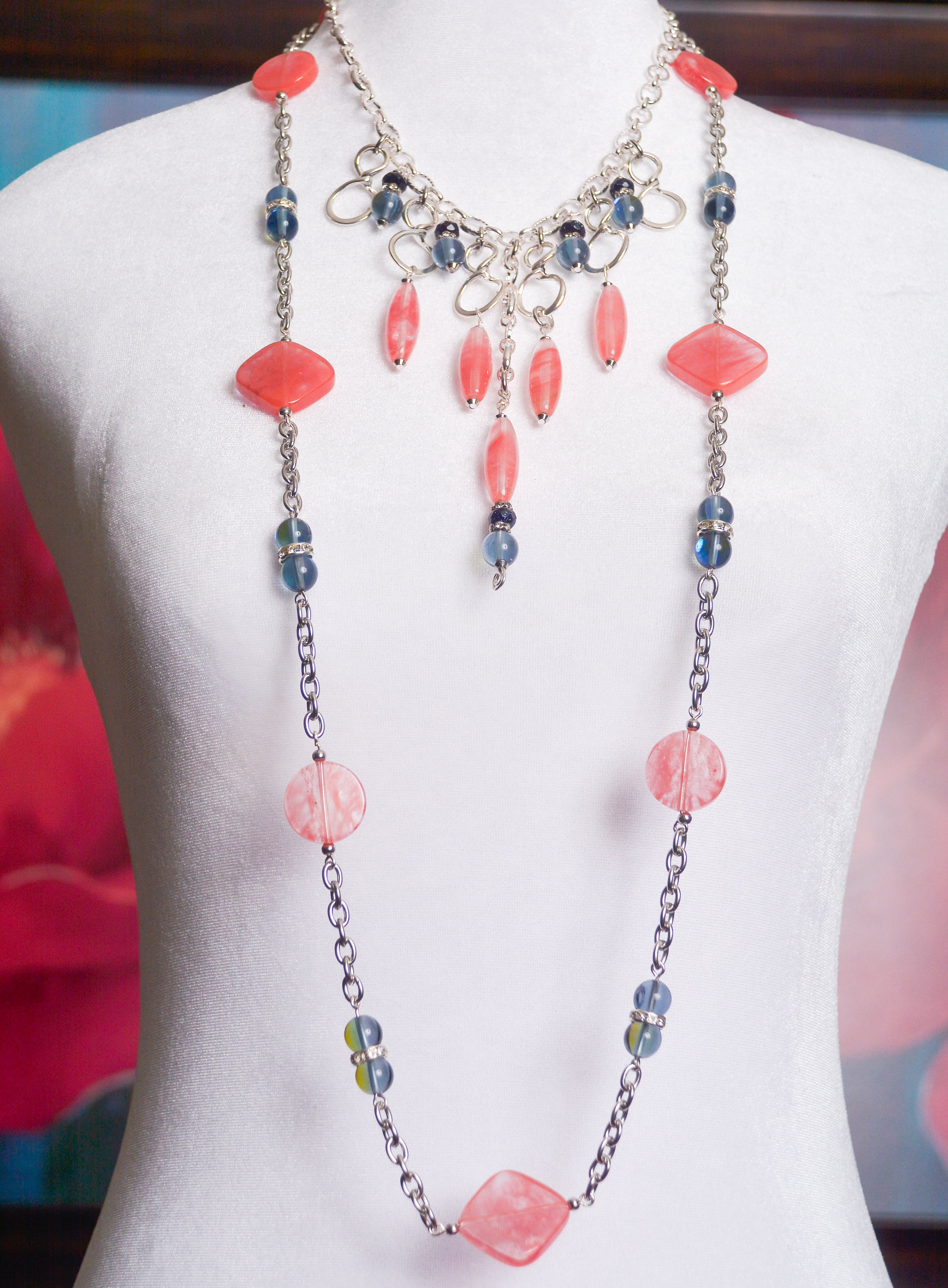 Celestial Harmony Bib Necklace: Blue Mystic Quartz & Strawberry Quartz