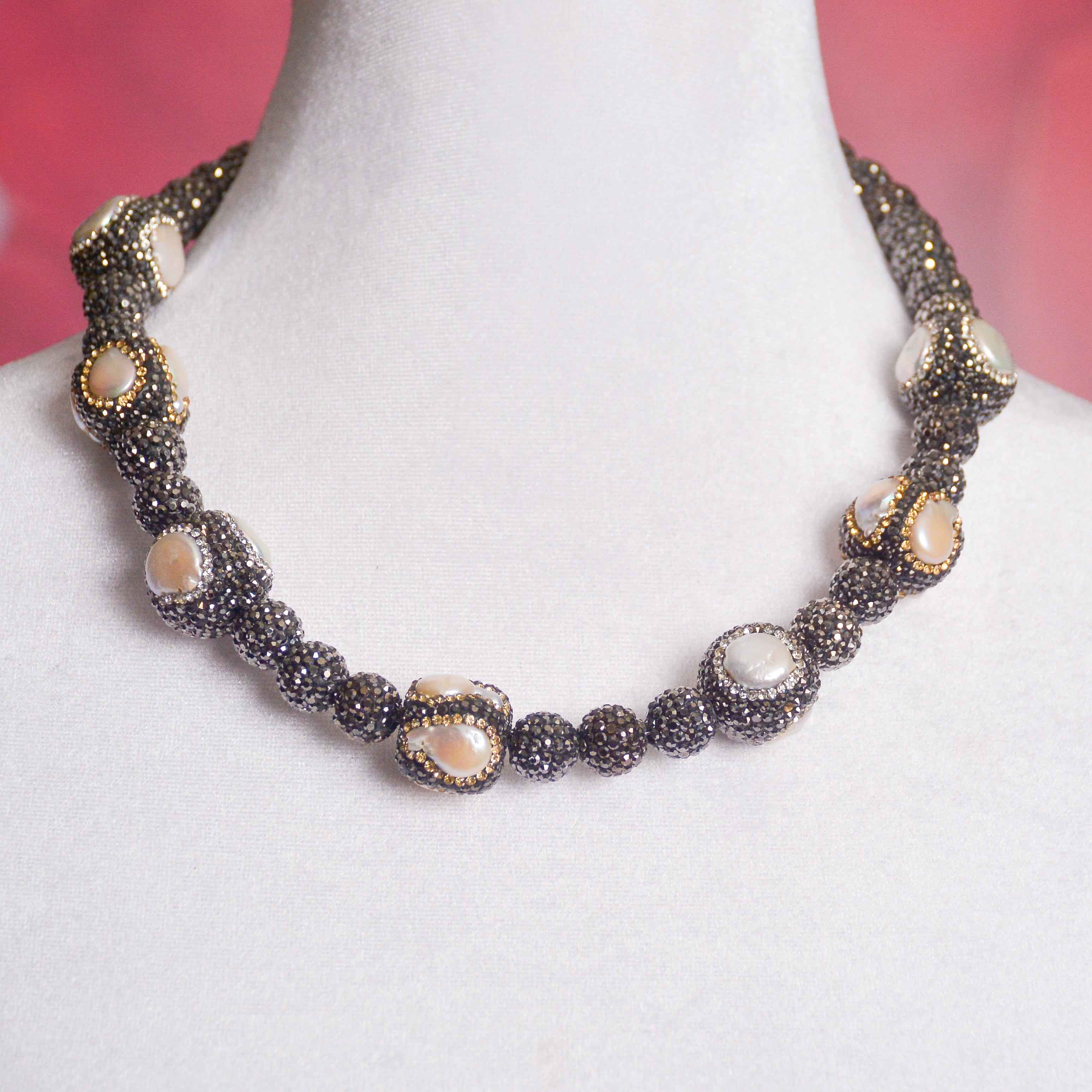 Pearl's Embrace: Hematite Shamballa Mother of Pearl Collar Necklace