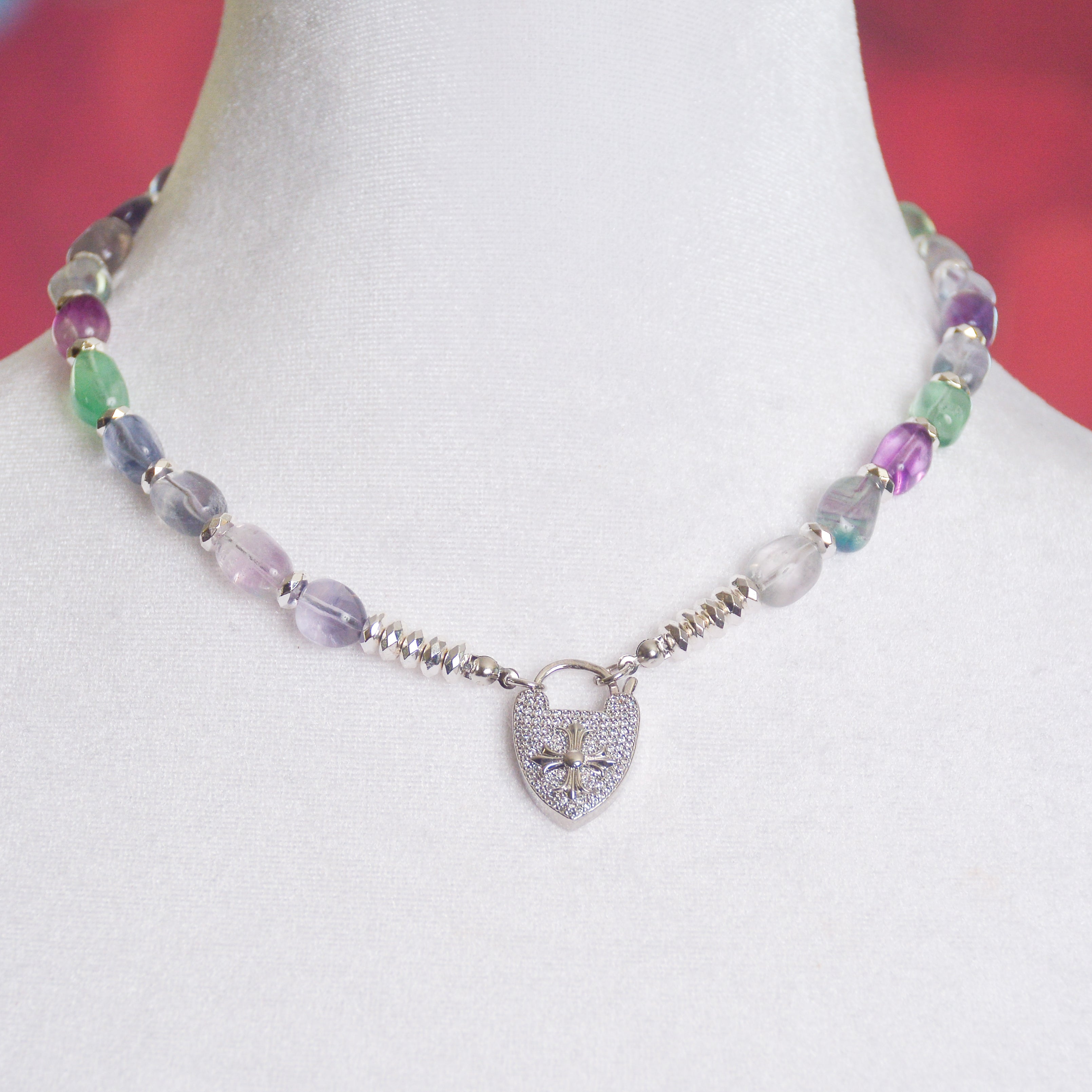 Focused Heart Charm: Fluorite Necklace with Heart Lock Pendant