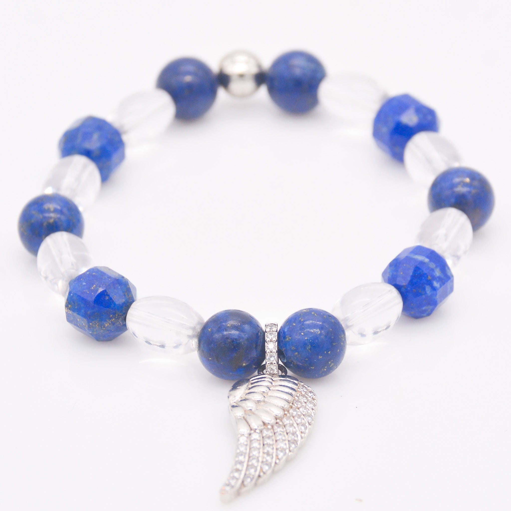 Divine Clarity Lapis Lazuli & Clear Quartz Bracelet with Angel Wing Charm - Faith2Felicity