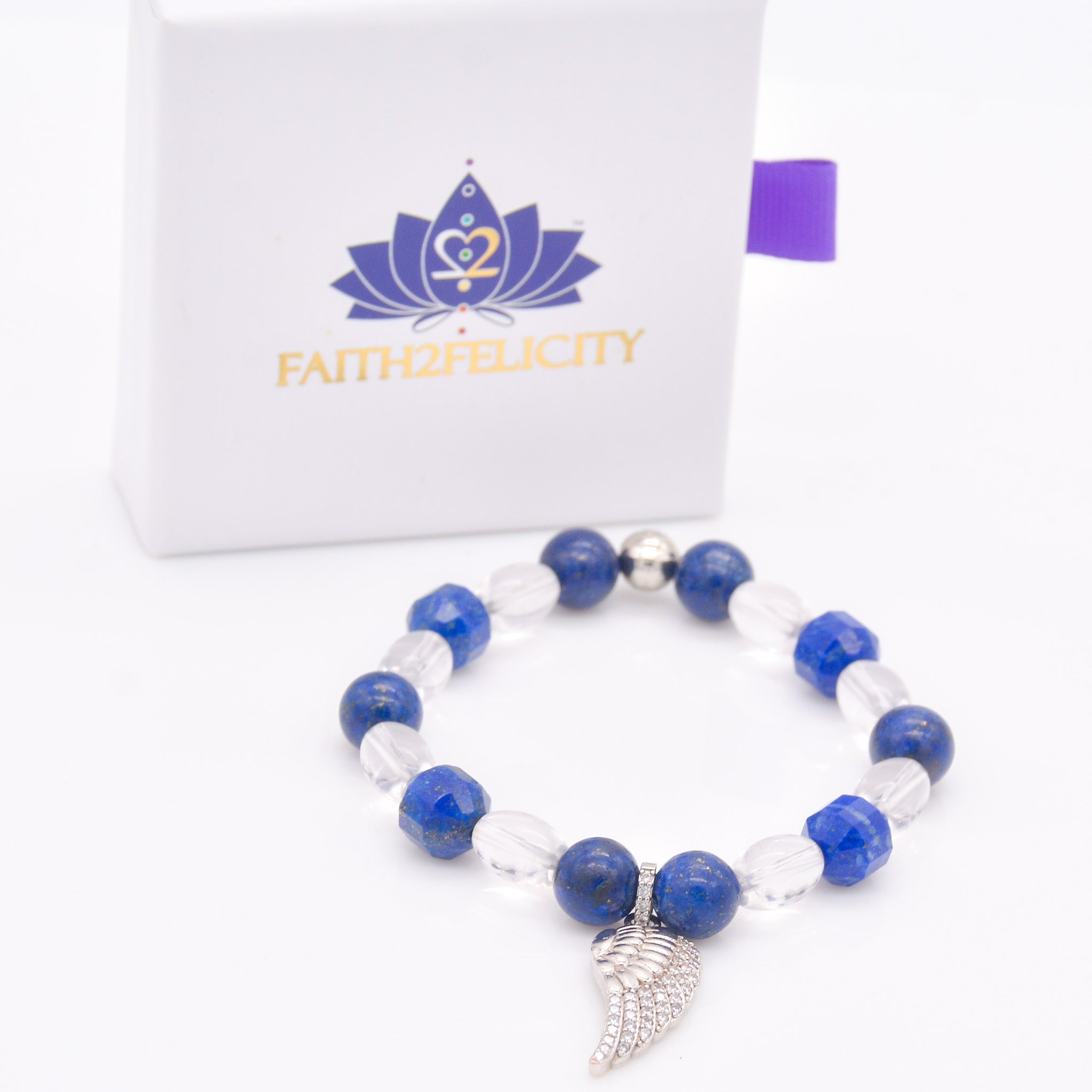 Divine Clarity Lapis Lazuli & Clear Quartz Bracelet with Angel Wing Charm - Faith2Felicity