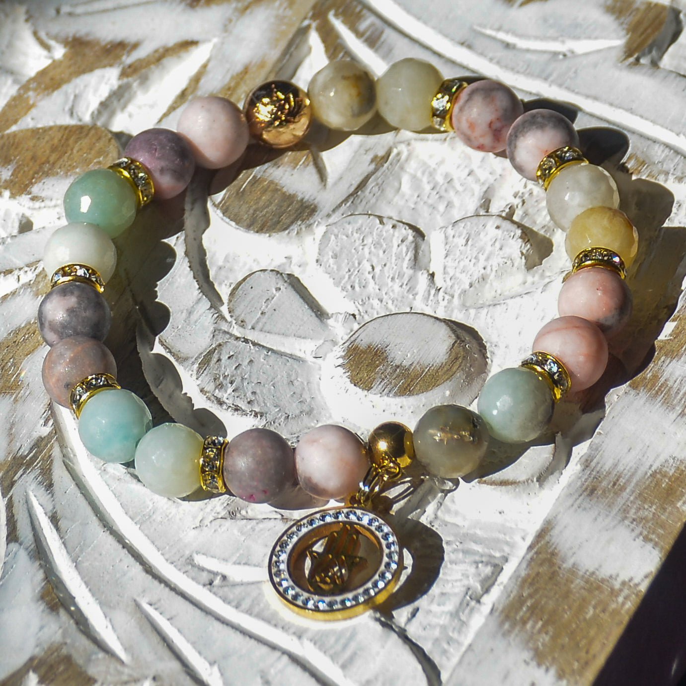 Loving Hamsa Amazonite Pink Zebra Jasper Stretch Bracelet - Faith2Felicity