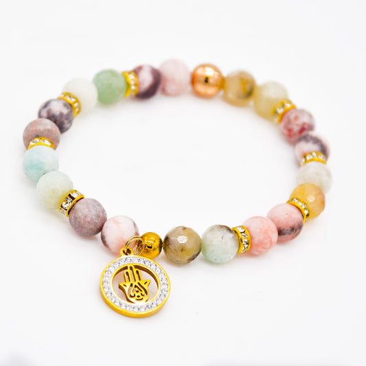 Loving Hamsa Amazonite Pink Zebra Jasper Stretch Bracelet - Faith2Felicity