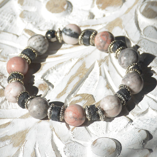 Steady Vibes Pink Zebra Jasper and Lava Stone Stretch Bracelet - Faith2Felicity