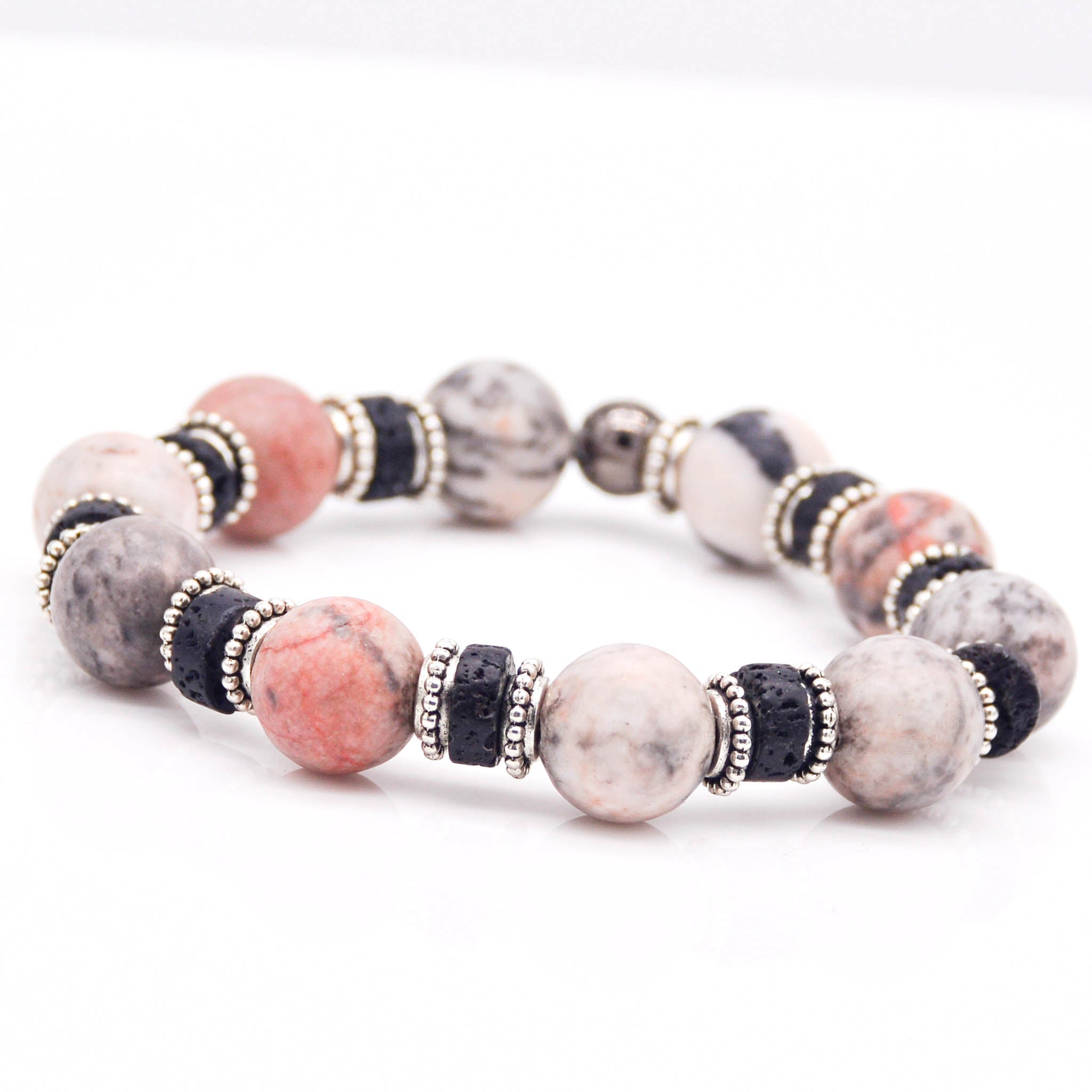 Steady Vibes Pink Zebra Jasper and Lava Stone Stretch Bracelet - Faith2Felicity