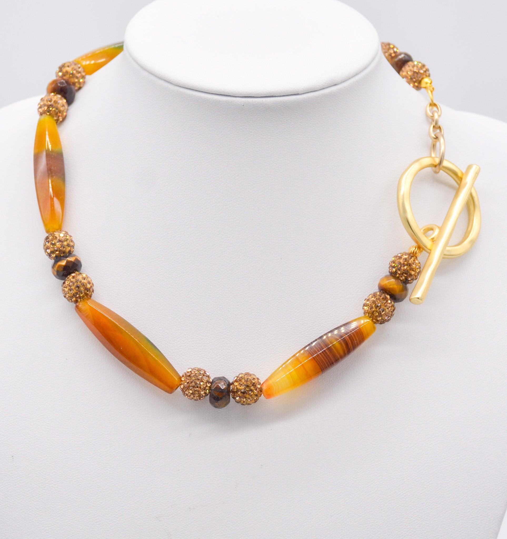 Confident and Radiant: Agate, Tiger's Eye, and Brown Shamballa Necklace - Faith2Felicity