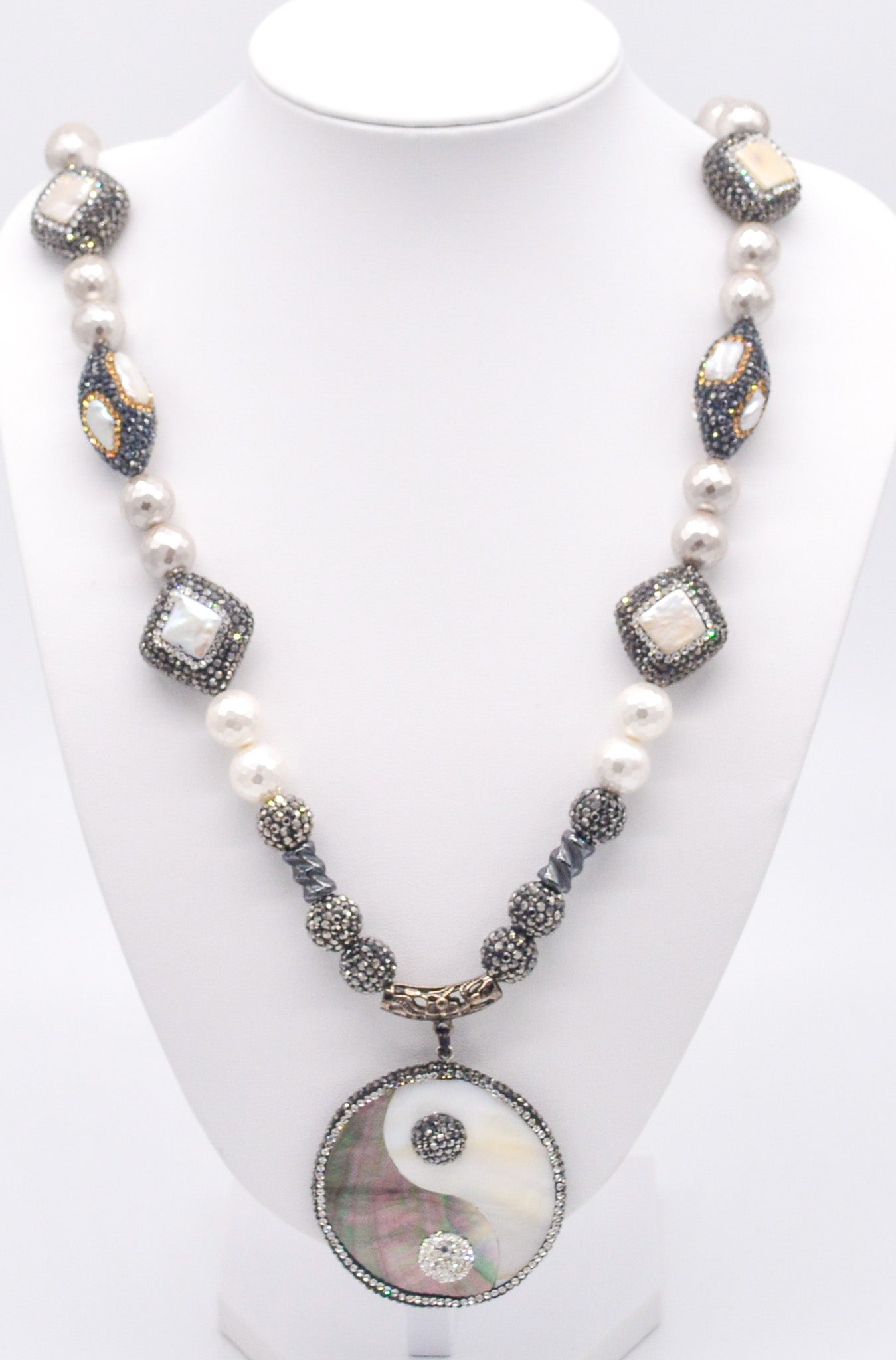 Conscious Contrast: Yin and Yang Mother of Pearl & Hematite Shamballa Necklace - Faith2Felicity
