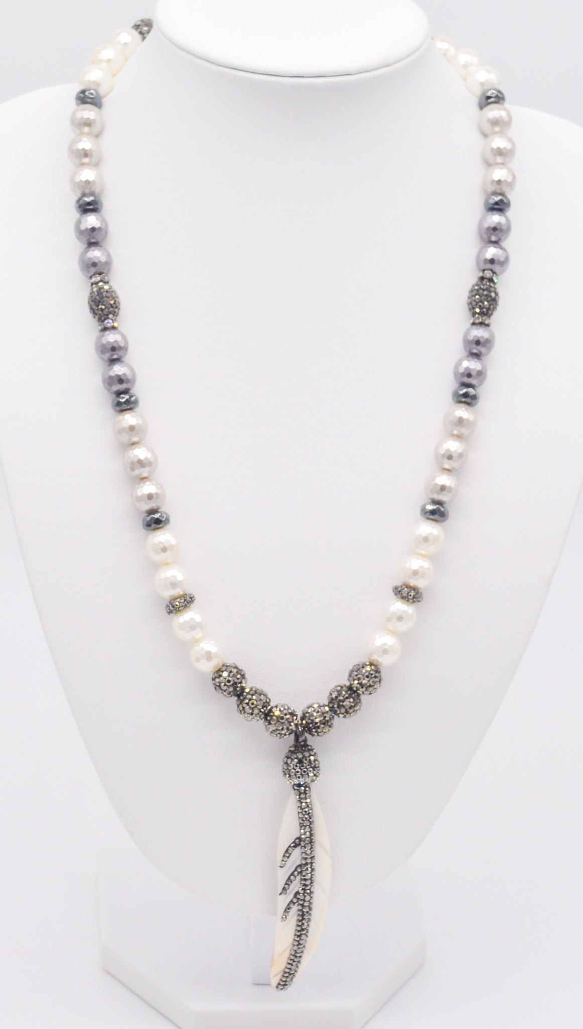 Feathered Whispers: Hematite Shamballa and Mother of Pearl Feather Pendant Necklace - Faith2Felicity