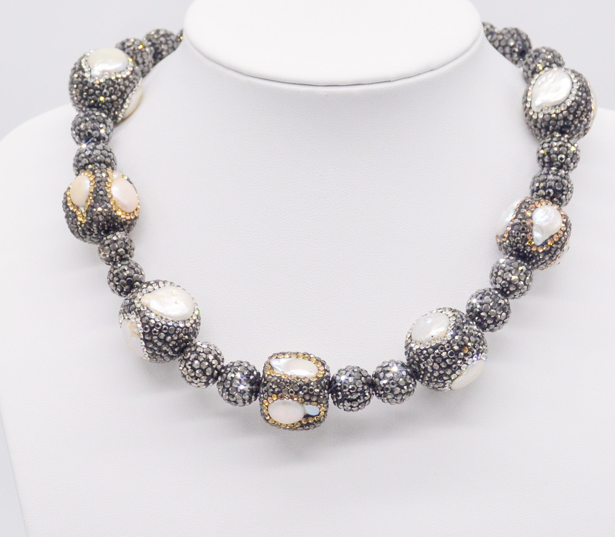 Pearl's Embrace: Hematite Shamballa Mother of Pearl Collar Necklace - Faith2Felicity